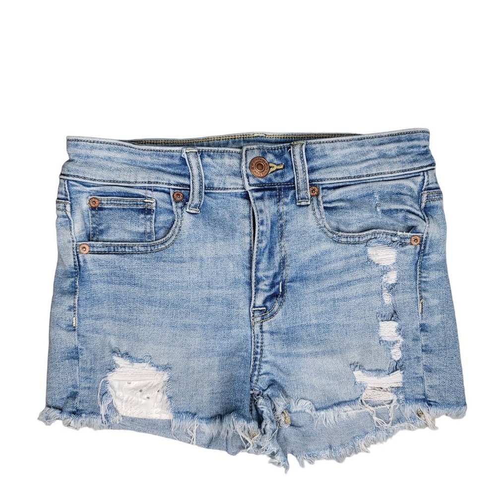 America Eagle super stretch high rise shortie raw hem distressed denim shirts 2